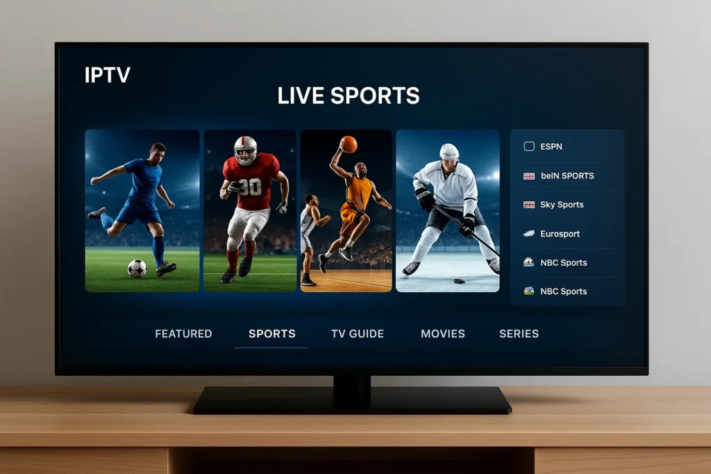 Téléviseur moderne diffusant des matchs en direct via IPTV, illustrant l’usage du code iptv sport.