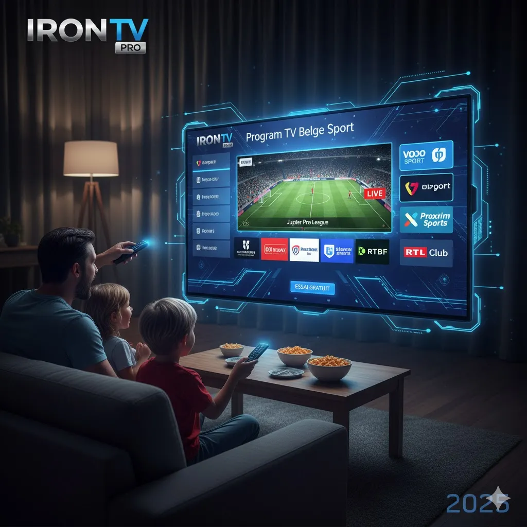 Père et ses enfants regardant un match de football en direct sur une grande Smart TV, affichant une interface IRON TV PRO avec le titre 'Program TV Belge Sport' et les logos des principales chaînes sportives belges, illustrant la centralisation du sport