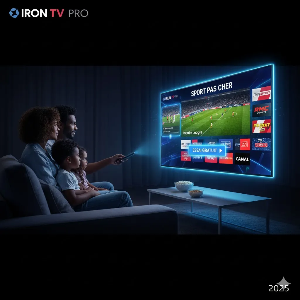 Famille regardant un match de football sur une Smart TV affichant le logo IRON TV PRO et un contenu sportif en direct, symbolisant la quête d'un Abonnement IPTV Sport pas cher mais de qualité en 2025.