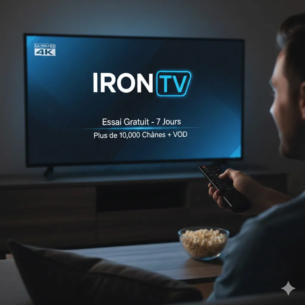 Homme utilisant une télécommande devant sa Smart TV affichant l'écran d'accueil IRON TV en Ultra HD 4K, illustrant comment profiter de l'essai iron tv gratuit.